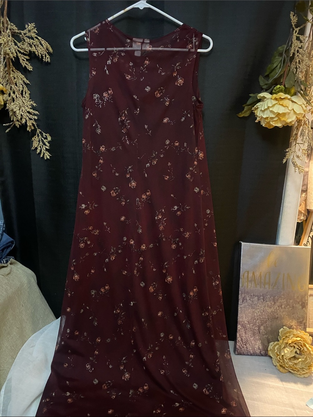 VTG SZ M Maurices Deep Burgundy Floral Sheer Slip With Burgundy Maxi